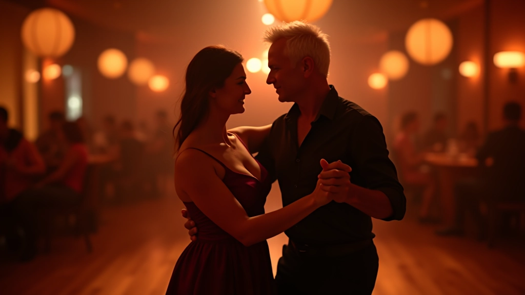 Couple dancing kizomba at a social evening, embracing with warm lighting and wooden floor visible