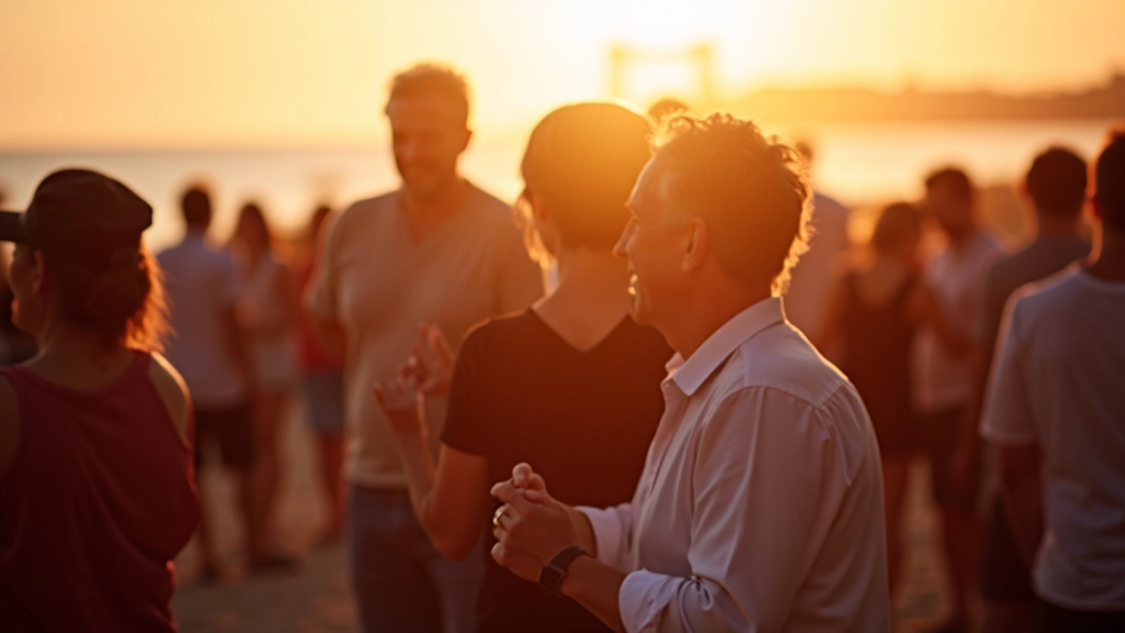 Adults enjoying a beach dance social event at sunset