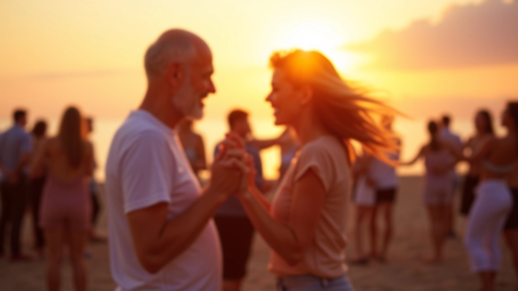 Group of adults dancing together at an outdoor summer dance venue, Baltic Sea visible in the background, sunset lighting