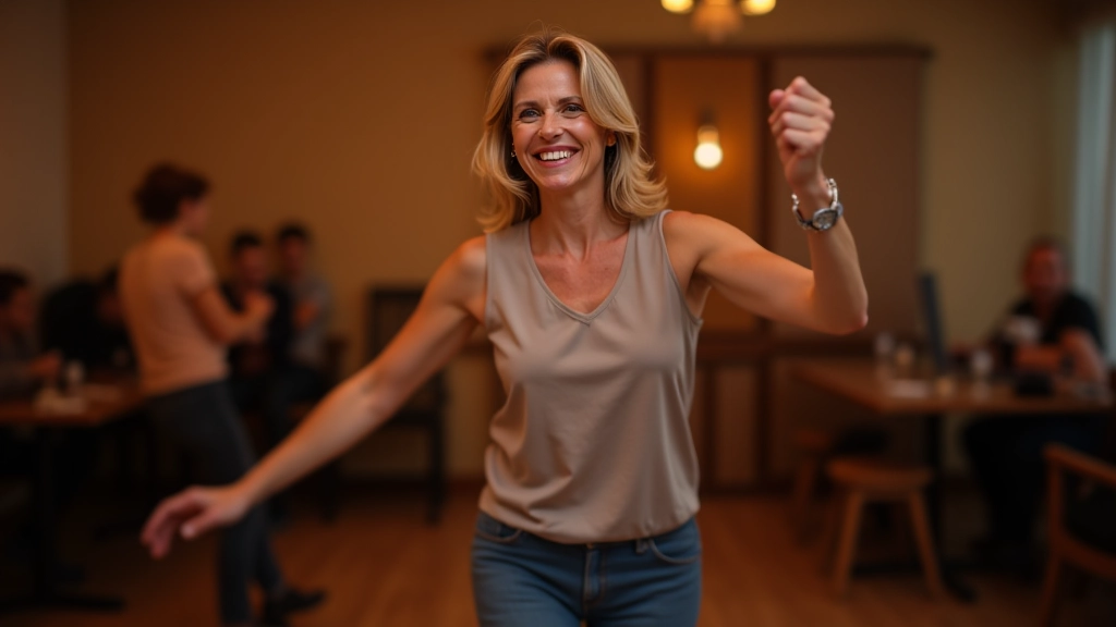 Woman aged 50 smiling confidently while dancing, proper posture, focused expression, indoor dance studio with warm lighting